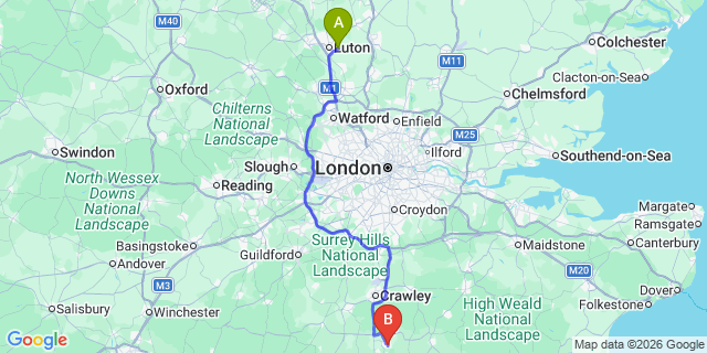 Map: London Luton Airport (LTN) to Burgess Hill