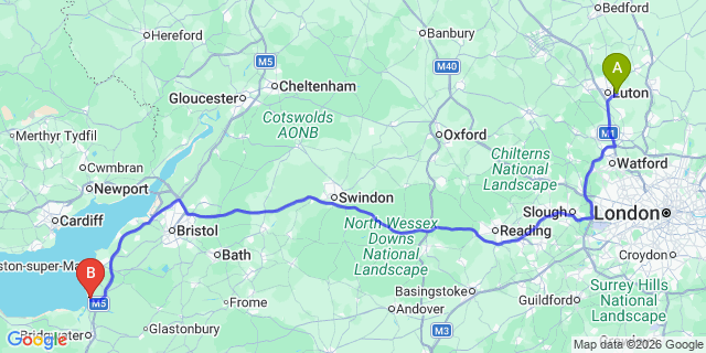 Map: London Luton Airport (LTN) to Burnham-On-Sea