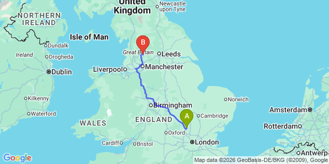 Map: London Luton Airport (LTN) to Burnley
