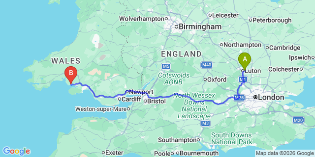 Map: London Luton Airport (LTN) to Burry Port