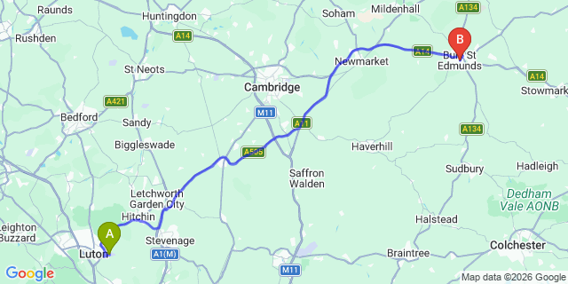 Map: London Luton Airport (LTN) to Bury St Edmunds