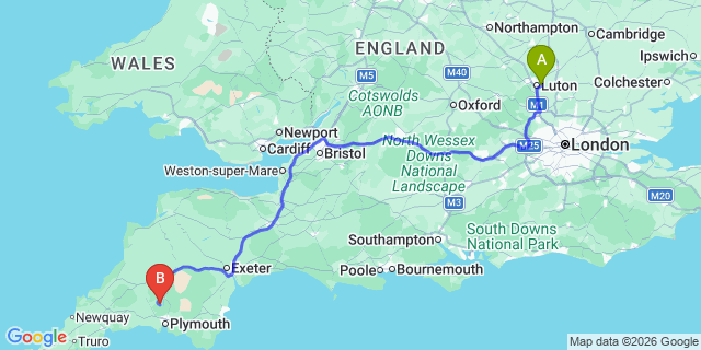 Map: London Luton Airport (LTN) to Calstock