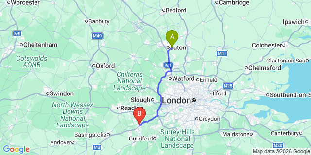 Map: London Luton Airport (LTN) to Camberley