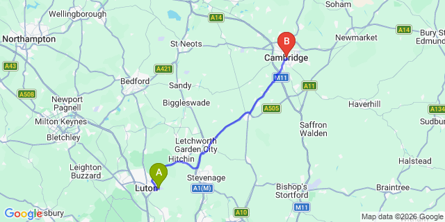 Map: London Luton Airport (LTN) to Cambridge