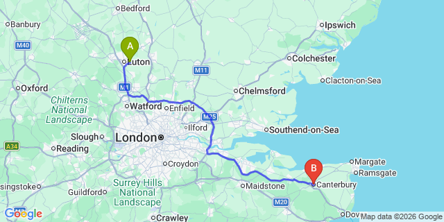 Map: London Luton Airport (LTN) to Canterbury