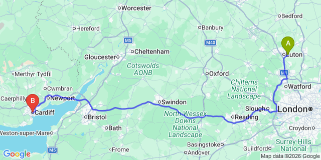 Map: London Luton Airport (LTN) to Cardiff