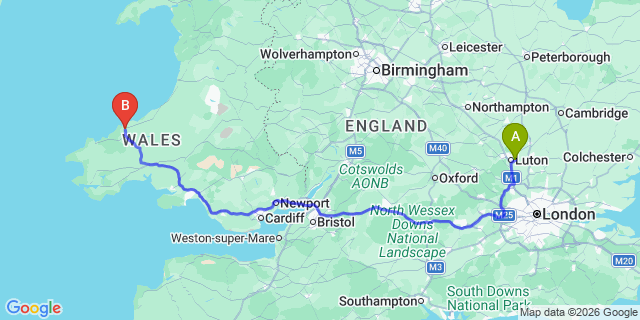 Map: London Luton Airport (LTN) to Cardigan