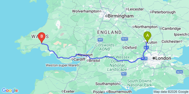 Map: London Luton Airport (LTN) to Carmarthen