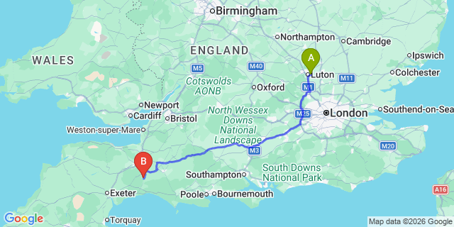 Map: London Luton Airport (LTN) to Chard