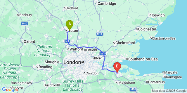 Map: London Luton Airport (LTN) to Chatham