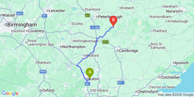 Map: London Luton Airport (LTN) to Chatteris