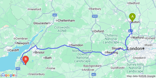 Map: London Luton Airport (LTN) to Cheddar