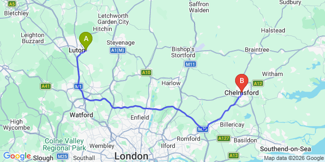 Map: London Luton Airport (LTN) to Chelmsford