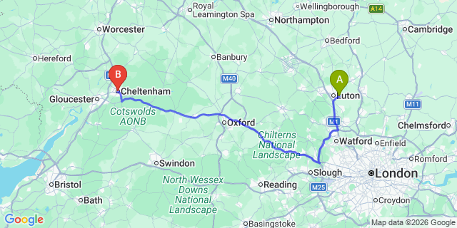 Map: London Luton Airport (LTN) to Cheltenham