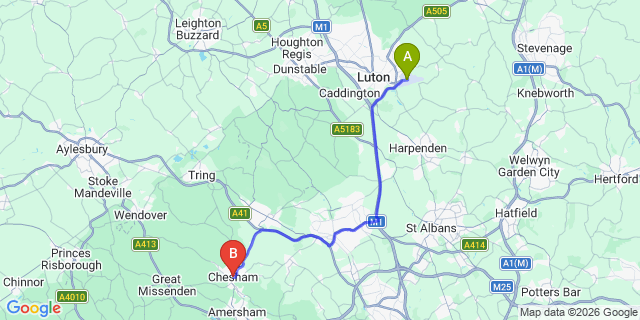 Map: London Luton Airport (LTN) to Chesham