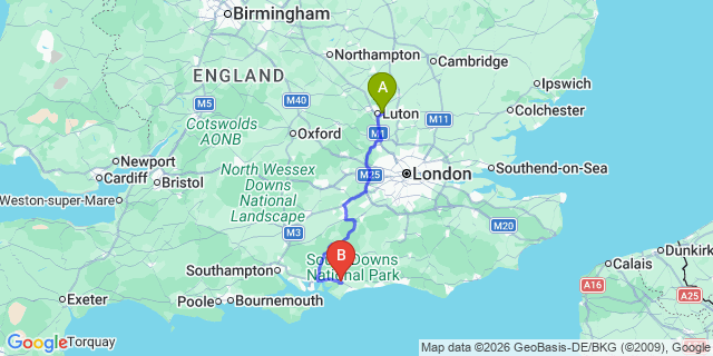 Map: London Luton Airport (LTN) to Chichester