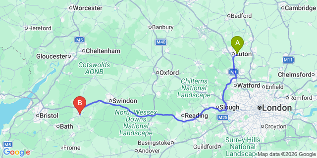 Map: London Luton Airport (LTN) to Chippenham