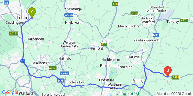 Map: London Luton Airport (LTN) to Chipping Ongar