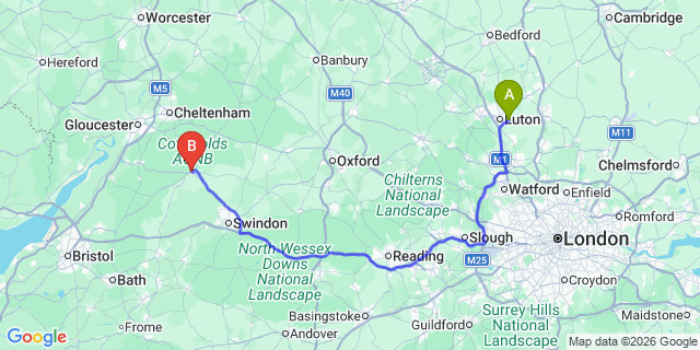 Map: London Luton Airport (LTN) to Cirencester