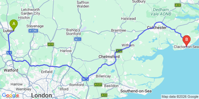 Map: London Luton Airport (LTN) to Clacton-On-Sea