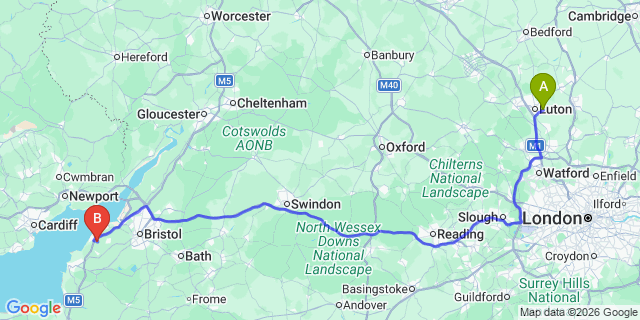 Map: London Luton Airport (LTN) to Clevedon