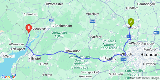 Map: London Luton Airport (LTN) to Coleford