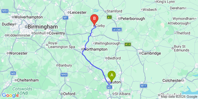 Map: London Luton Airport (LTN) to Corby