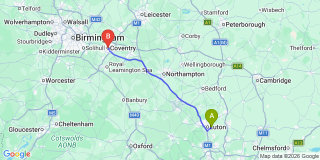 Map: London Luton Airport (LTN) to Coventry