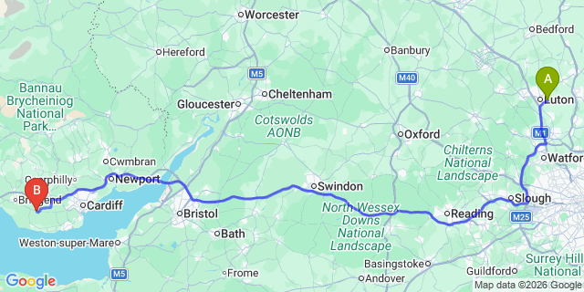 Map: London Luton Airport (LTN) to Cowbridge