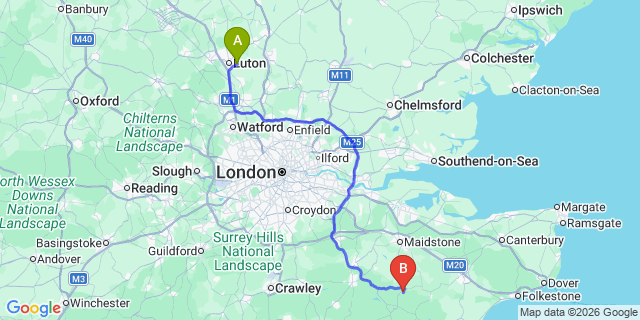 Map: London Luton Airport (LTN) to Cranbrook