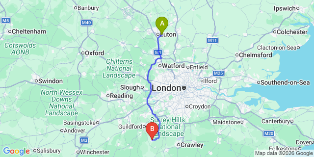 Map: London Luton Airport (LTN) to Cranleigh