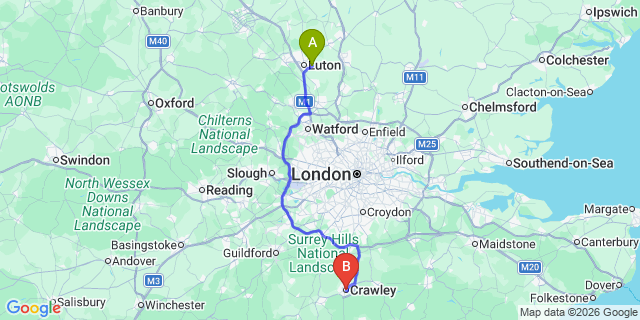 Map: London Luton Airport (LTN) to Crawley
