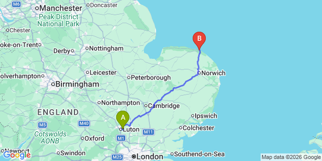 Map: London Luton Airport (LTN) to Cromer