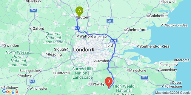 Map: London Luton Airport (LTN) to Crowborough