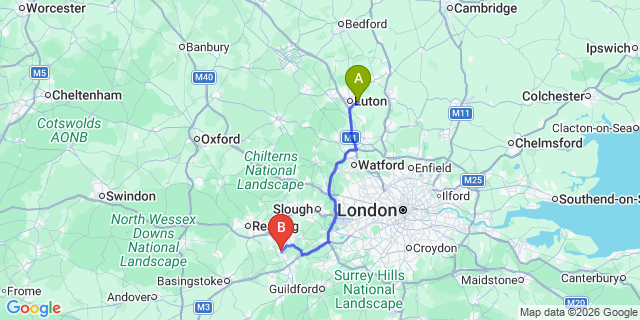 Map: London Luton Airport (LTN) to Crowthorne
