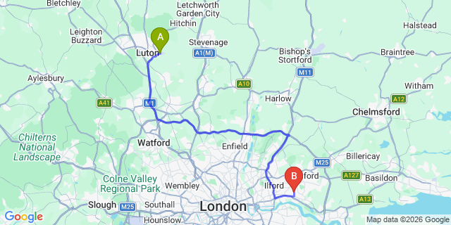 Map: London Luton Airport (LTN) to Dagenham
