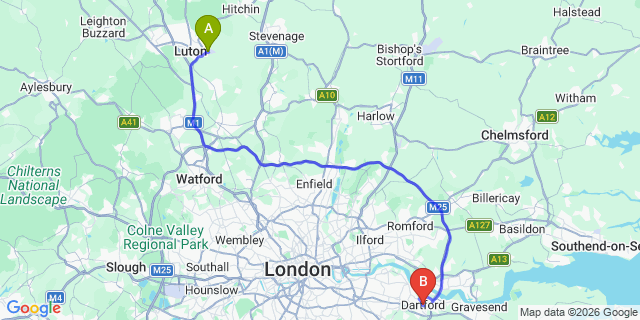 Map: London Luton Airport (LTN) to Dartford