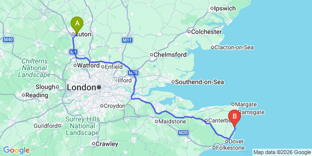 Map: London Luton Airport (LTN) to Deal