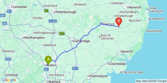 Map: London Luton Airport (LTN) to Diss