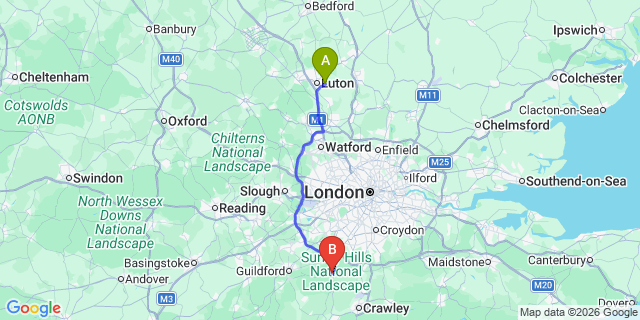 Map: London Luton Airport (LTN) to Dorking