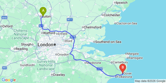 Map: London Luton Airport (LTN) to Dover