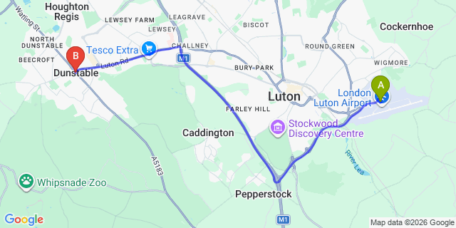 Map: London Luton Airport (LTN) to Dunstable