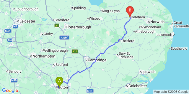 Map: London Luton Airport (LTN) to East Dereham