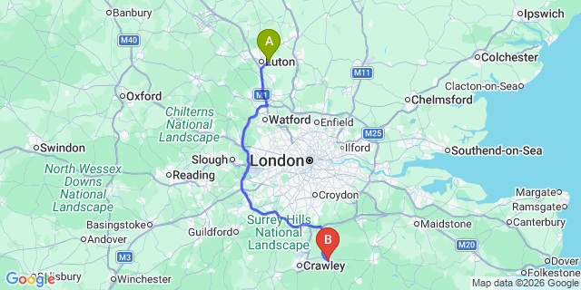 Map: London Luton Airport (LTN) to East Grinstead