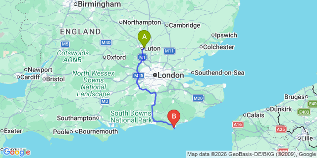 Map: London Luton Airport (LTN) to Eastbourne