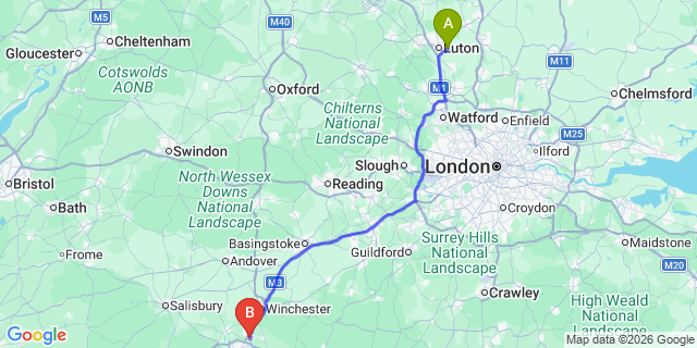 Map: London Luton Airport (LTN) to Eastleigh