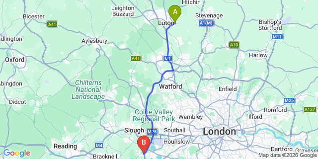 Map: London Luton Airport (LTN) to Egham