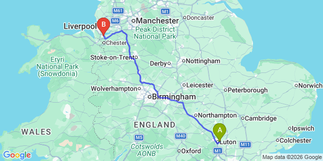 Map: London Luton Airport (LTN) to Ellesmere Port