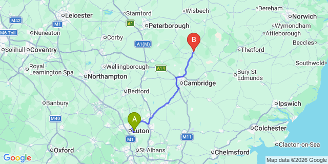 Map: London Luton Airport (LTN) to Ely