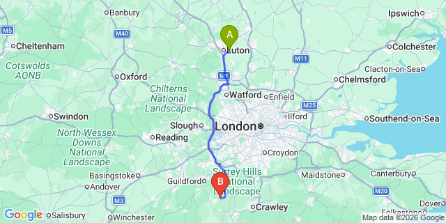 Map: London Luton Airport (LTN) to Ewhurst